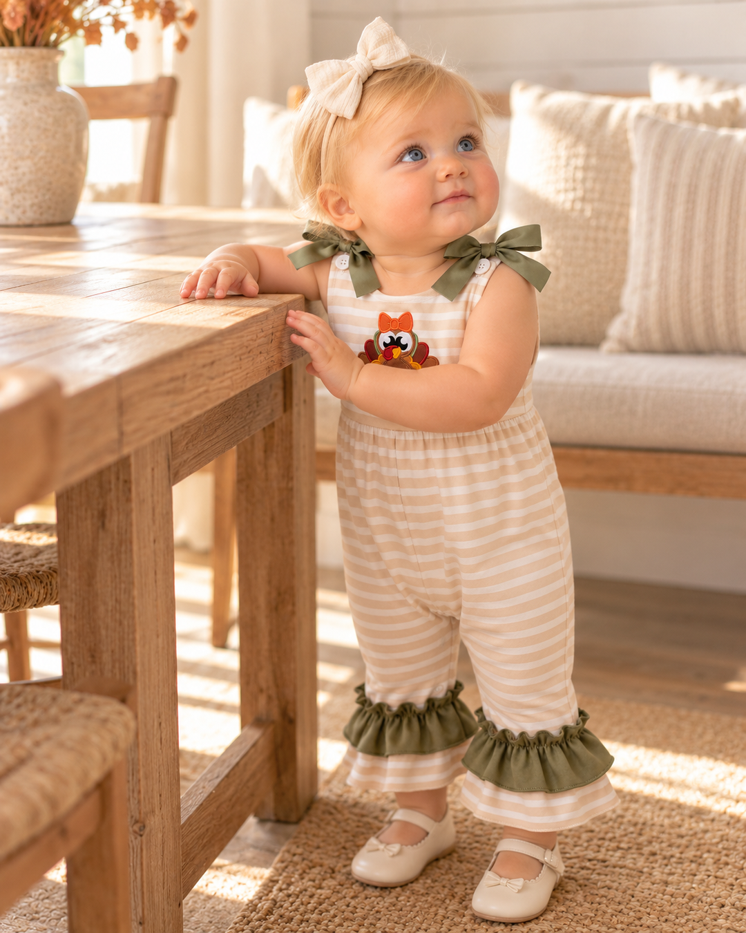 Baby romper with olive ruffle trim, striped fabric, turkey appliqué, and bow shoulders