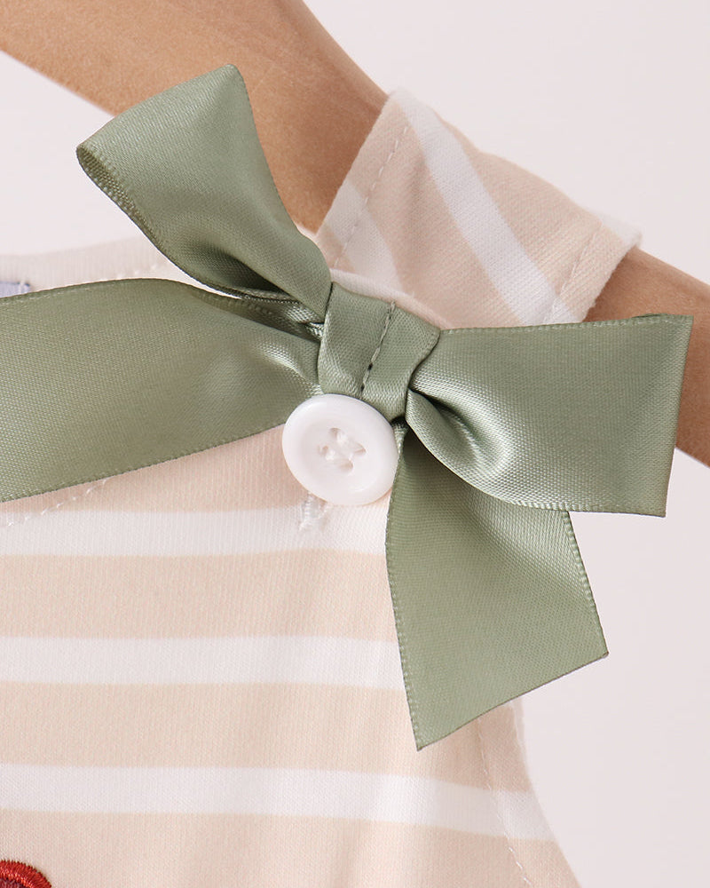 Olive satin neck bow with white button on striped romper