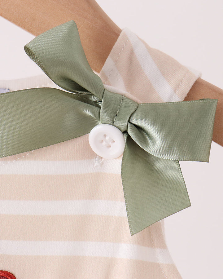 Olive satin neck bow with white button on striped romper