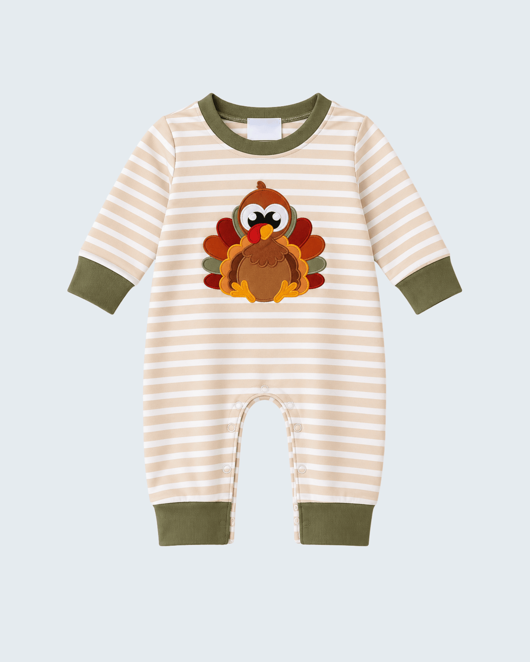 Striped romper with turkey appliqué and olive trim