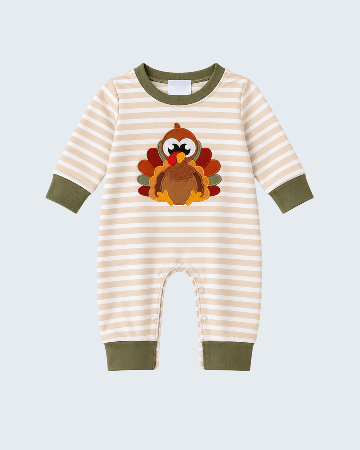 Striped romper with turkey appliqué and olive trim
