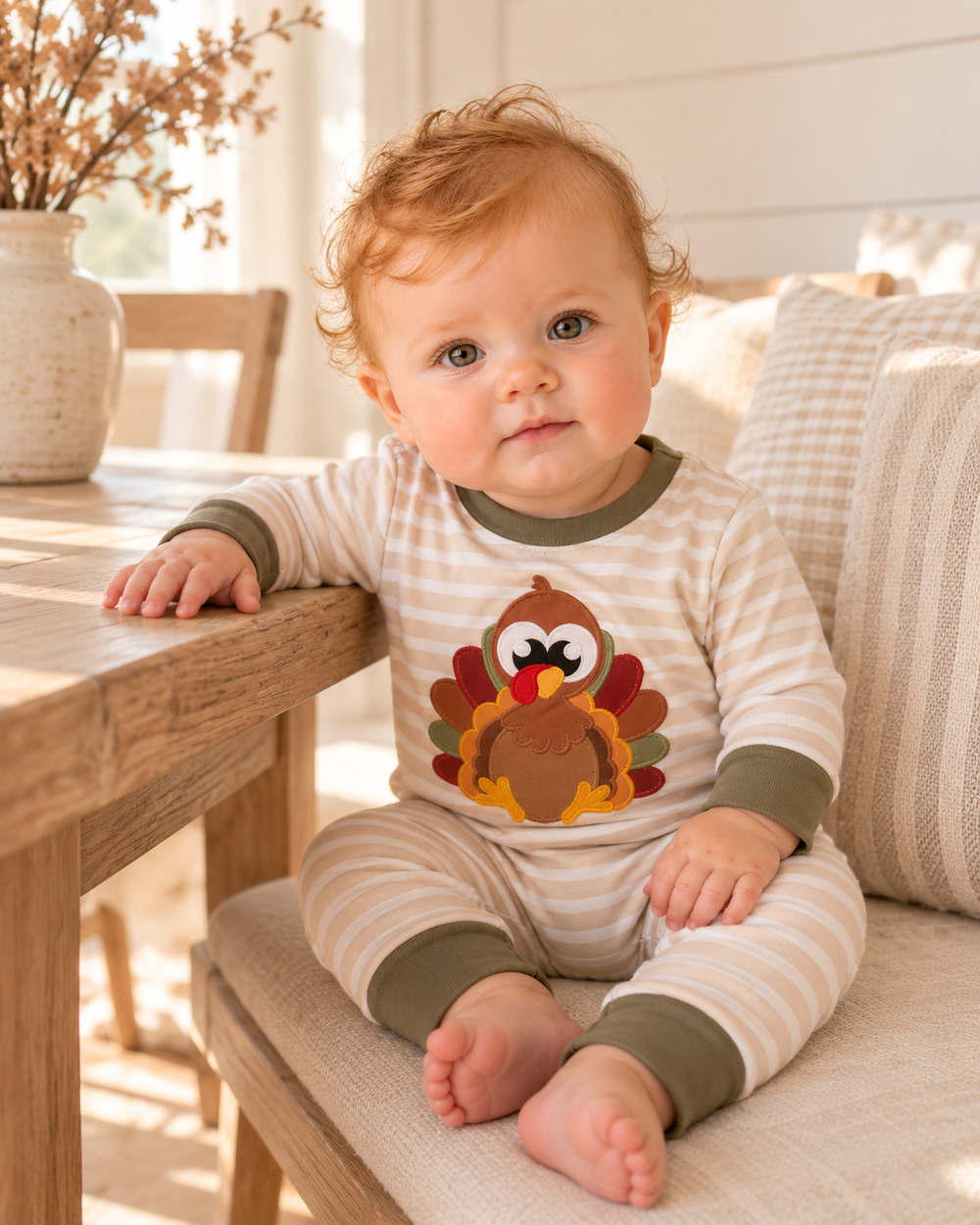 Olive turkey appliqué striped romper with long sleeves and cuffed legs