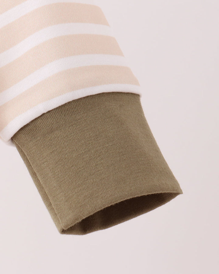 Olive green romper cuff with striped hem band
