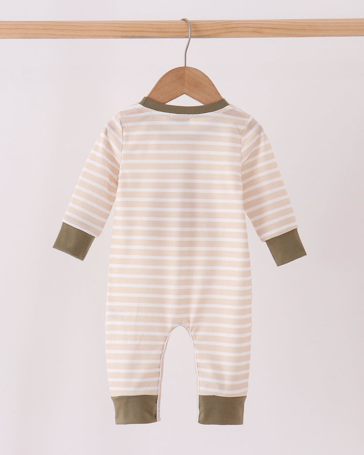 Striped back romper with olive cuffs, long sleeves and snap legs