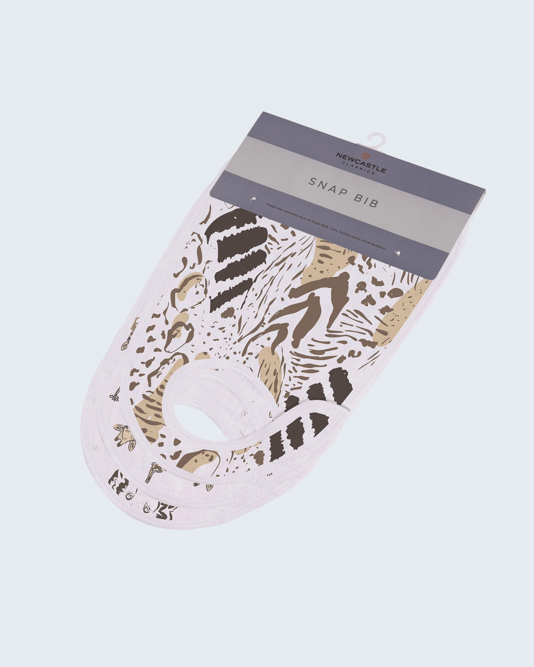 Baby bib with animal print design on a light gray background