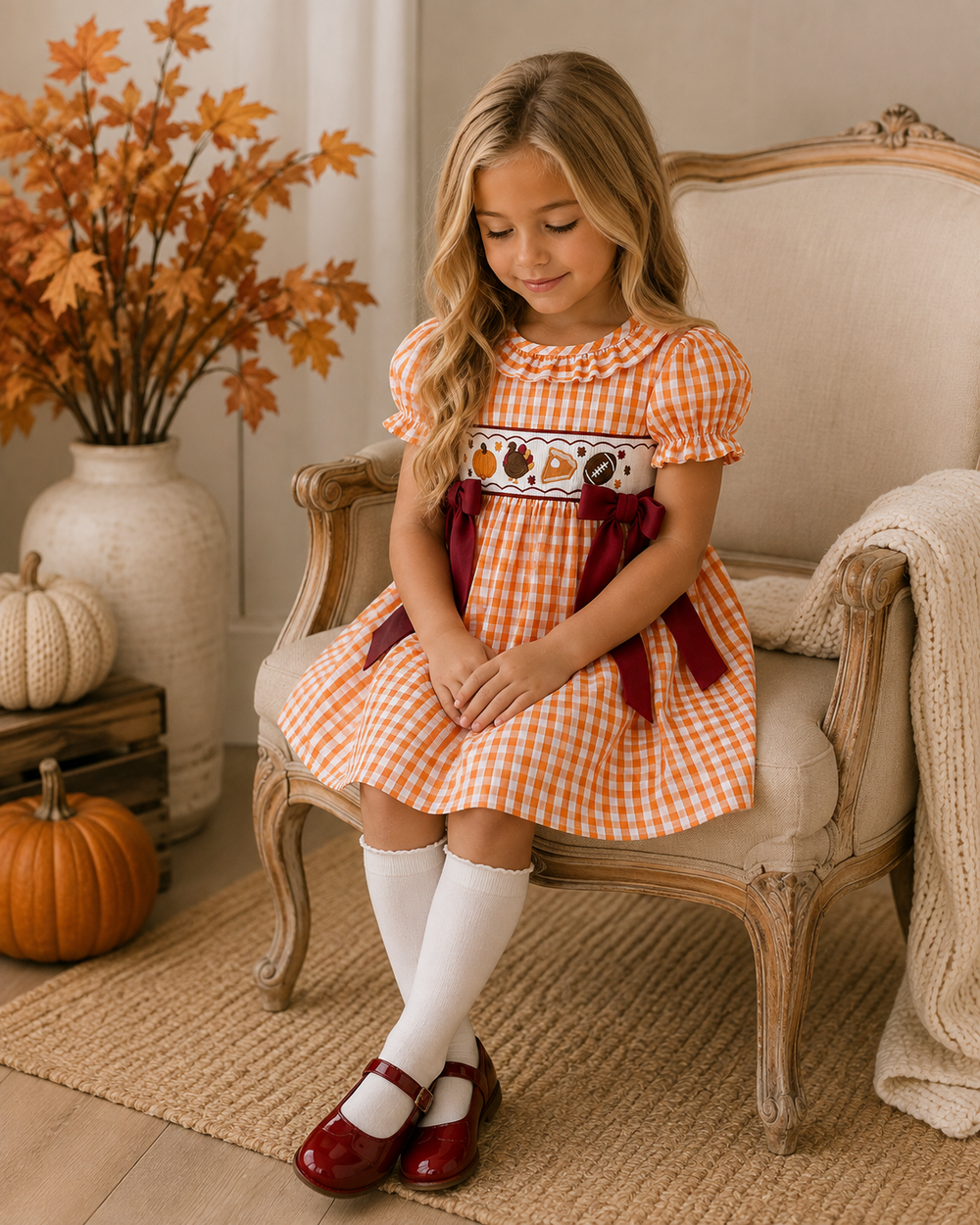 Orange gingham embroidered dress with puff sleeves, ruffled collar and red side bows