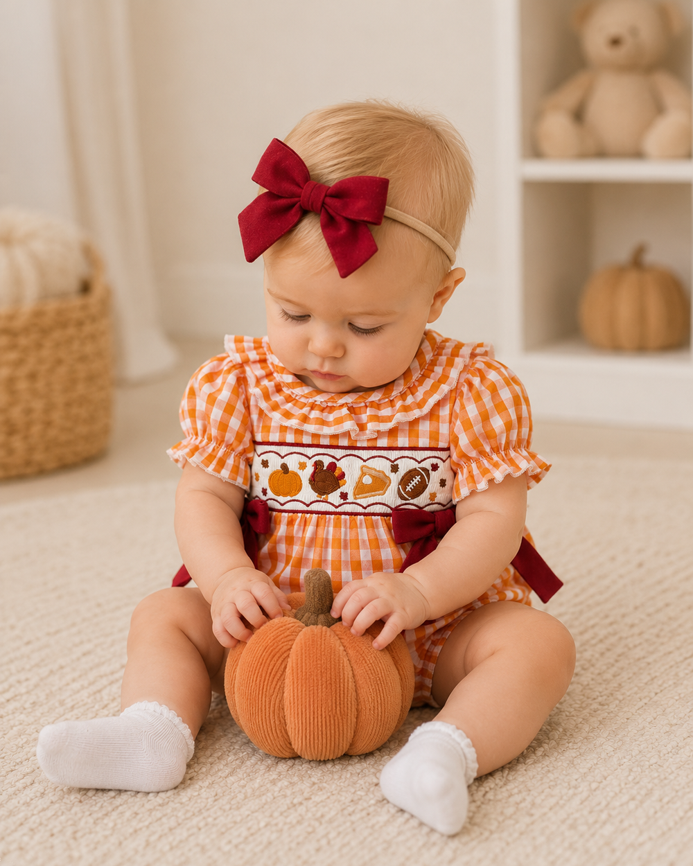 Orange gingham embroidered romper with puff sleeves and red bow waist ties