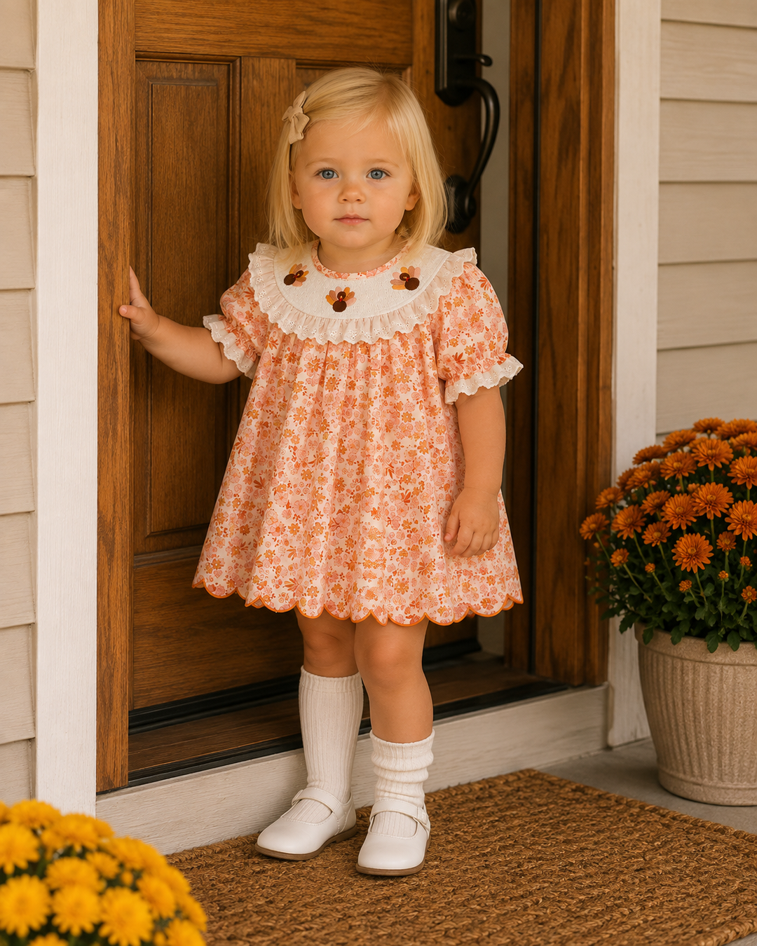 Toddler wearing an orange floral lace dress with white ruffled yoke and puff sleeves