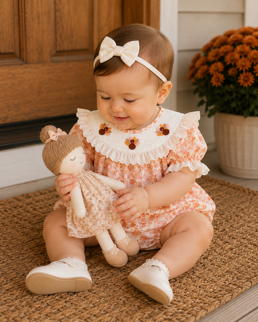 Baby wearing orange floral lace romper with white ruffle collar and bow headband