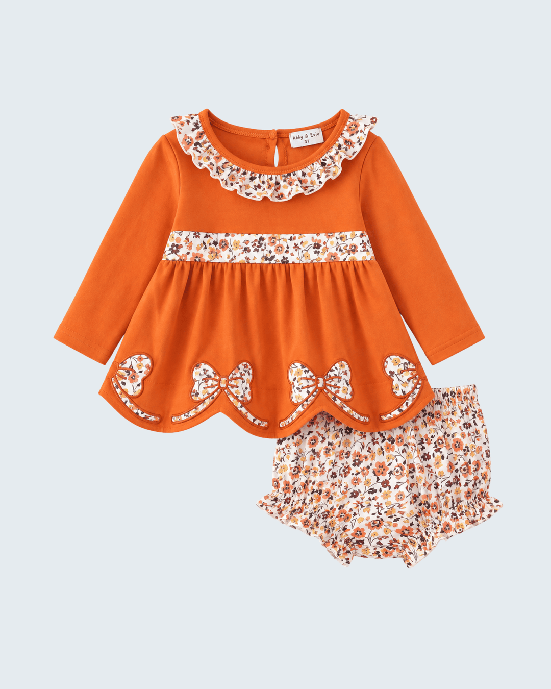 Orange and floral ruffle bloomer set with matching bloomer shorts