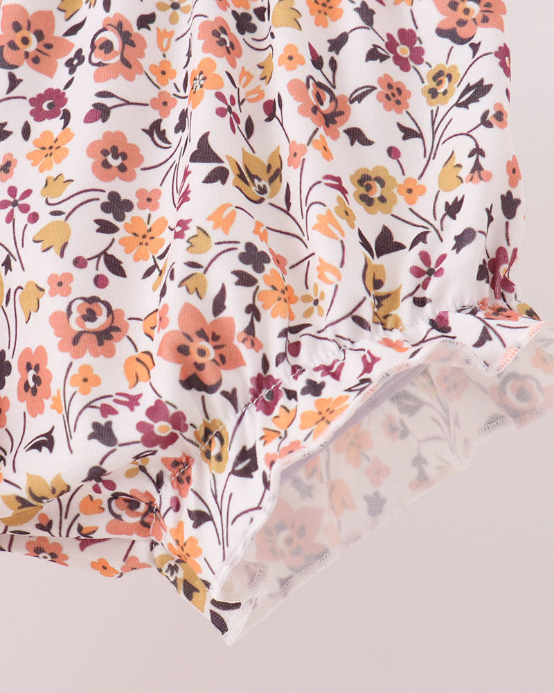 Floral print bloomer shorts with elastic waist and gathered leg ruffle