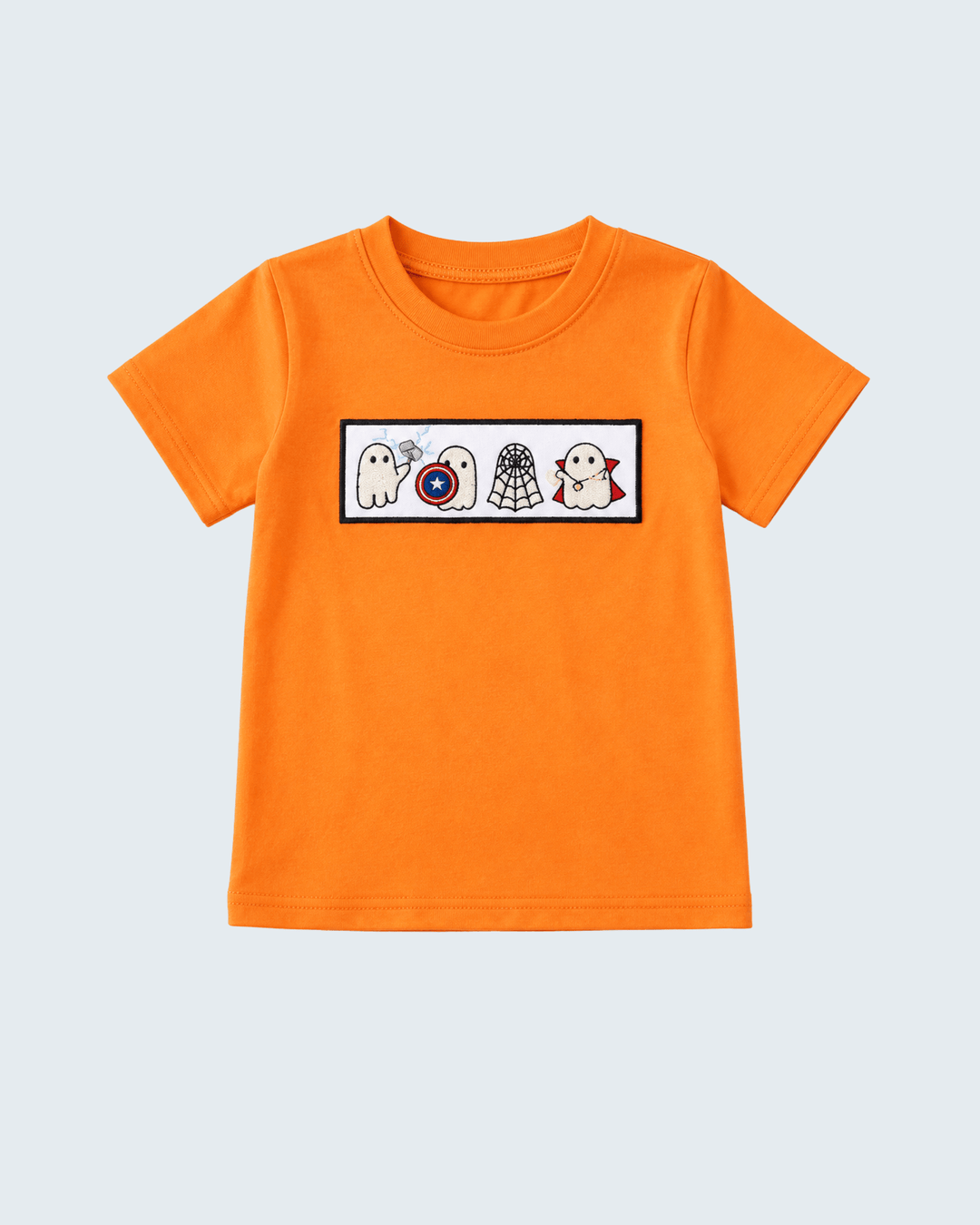 Orange short-sleeve top with embroidered ghost character patch