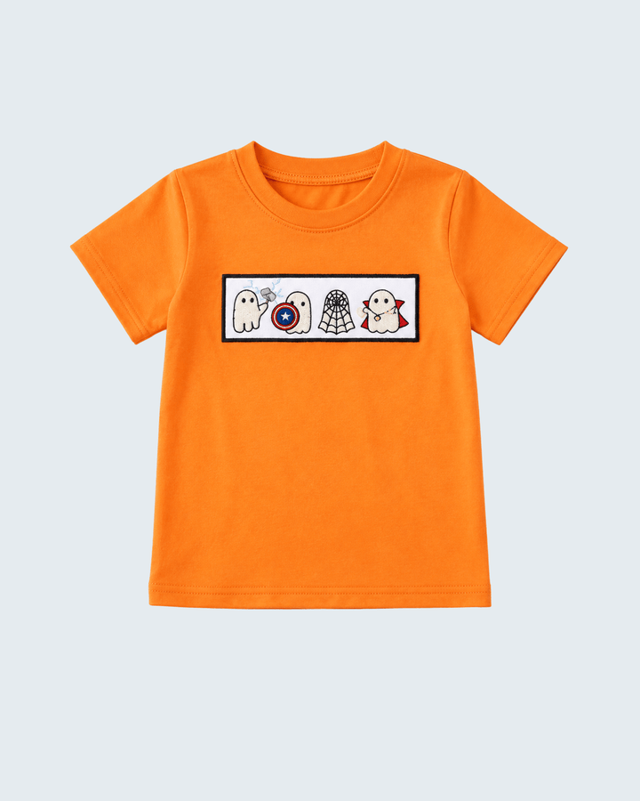 Orange short-sleeve top with embroidered ghost character patch