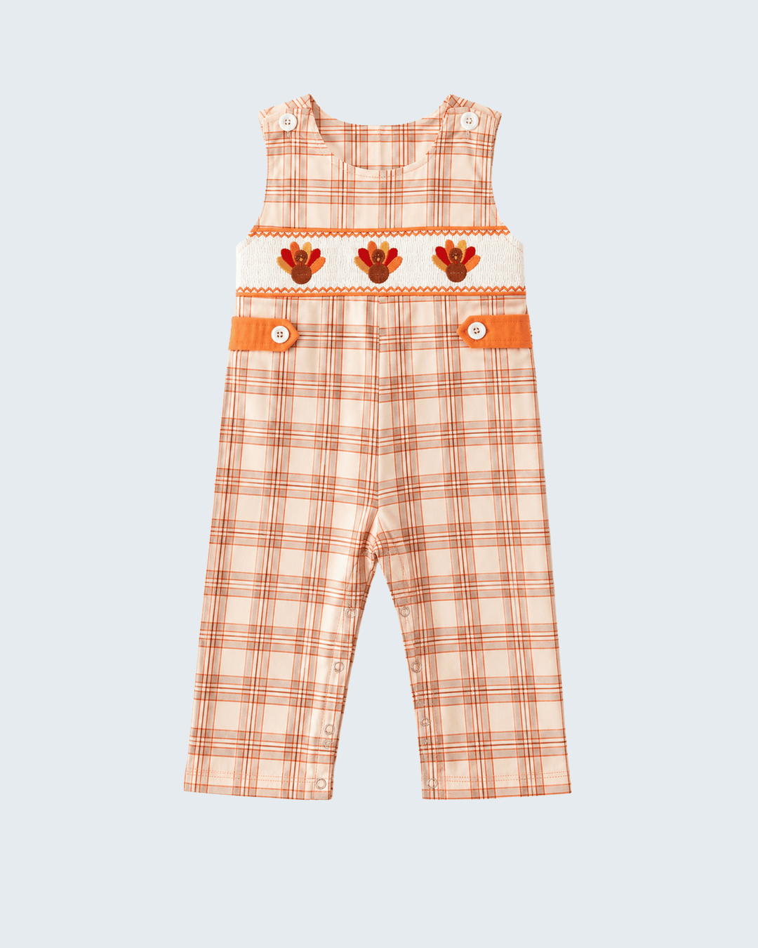 Orange plaid baby jon jon with turkey embroidery and side button pockets
