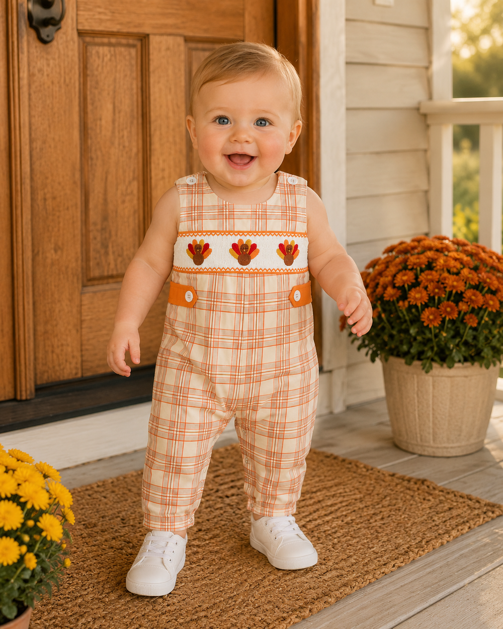 Orange plaid baby jon jon with turkey embroidery and white sneakers