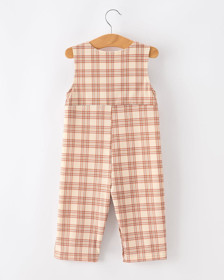 Orange plaid sleeveless baby Jon Jon with front button bib and long pants