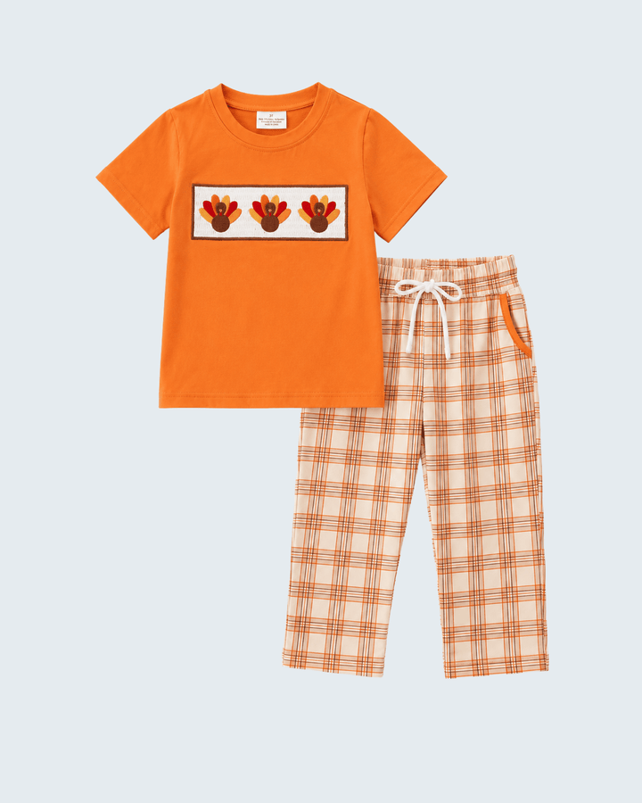 Orange T-shirt with turkey graphic and plaid drawstring pants set