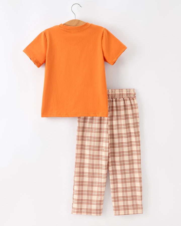Orange T-shirt and orange plaid pants set for kids