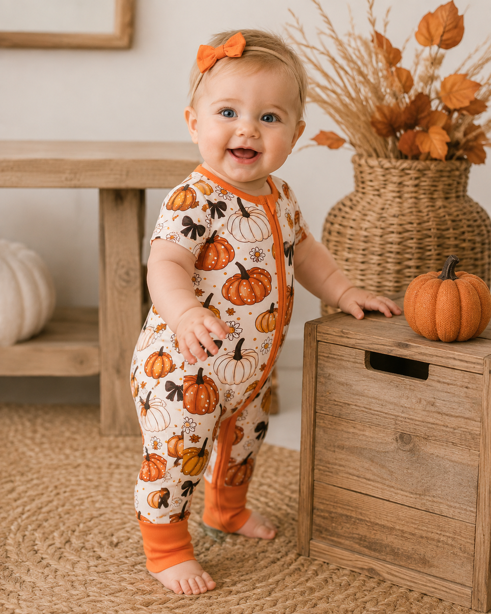 Baby girl in a pumpkin outfit is standing by a wooden box.