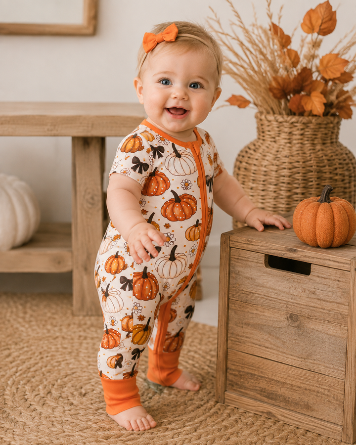 Baby girl in a pumpkin outfit is standing by a wooden box.