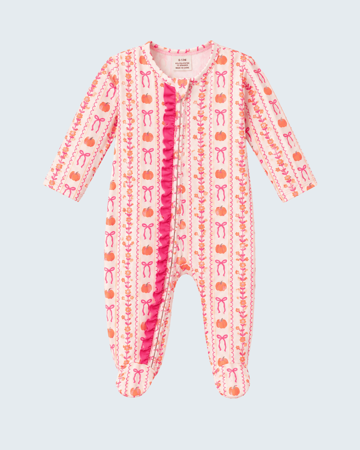 Orange and pink pumpkin-print footed sleeper, long sleeves, snap front