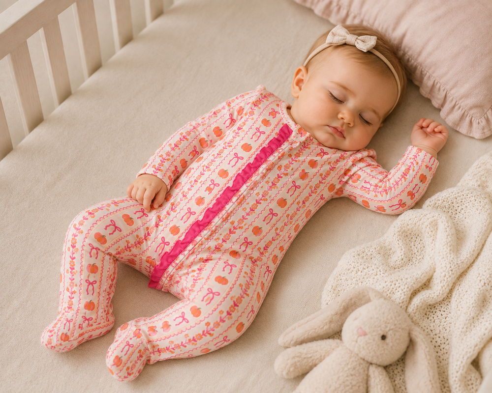 Orange and pink pumpkin-print footed sleeper on baby, long sleeves