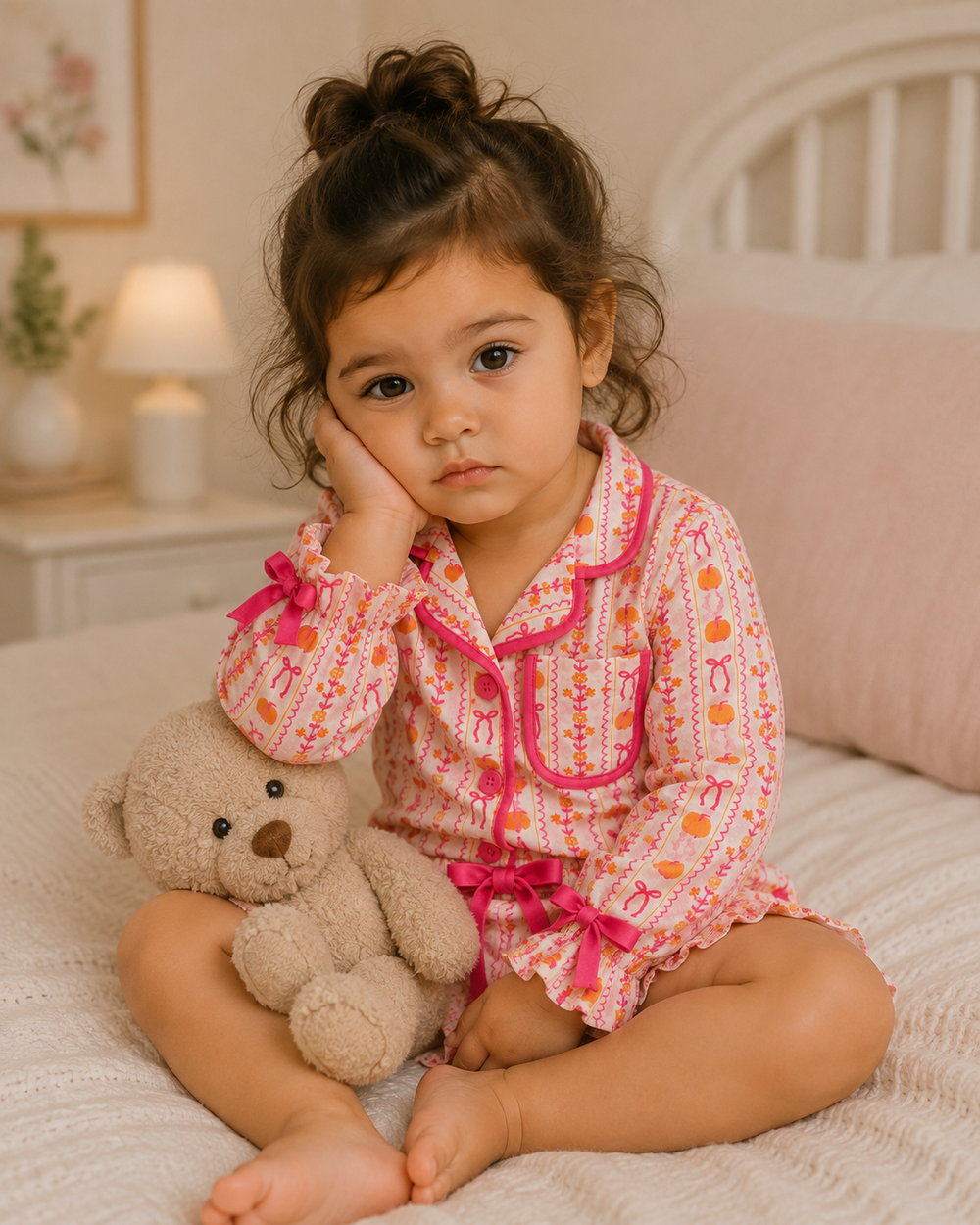 Kids' pink pumpkin pajama set, button-front top with ruffle cuffs and bow ties