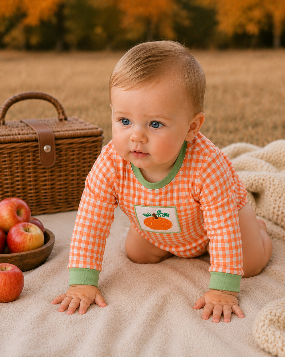 A baby crawling on a beige blanket in an outdoor autumn setting, wearing an orange and white gingham long-sleeve bodysuit with green trim and a pumpkin patch graphic on the chest. A wicker picnic basket, apples, and a knitted blanket are visible in the background.