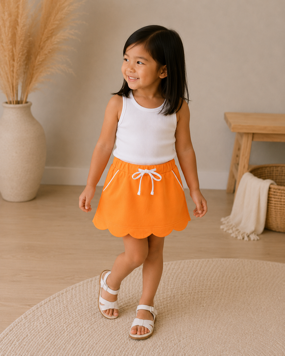 A young girl wearing a sleeveless white top and a bright orange skorts with a scalloped hem and white drawstring, standing in a warm, neutral-toned indoor room.