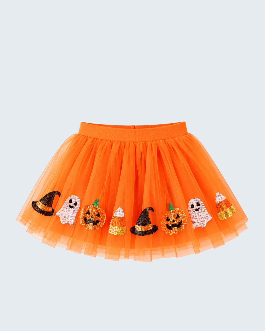 Orange tulle tutu skirt with sequin pumpkin, ghost, and cat appliques