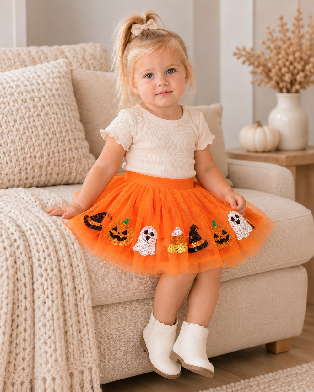 Orange tulle tutu skirt worn by toddler, with sequin pumpkin and ghost appliques