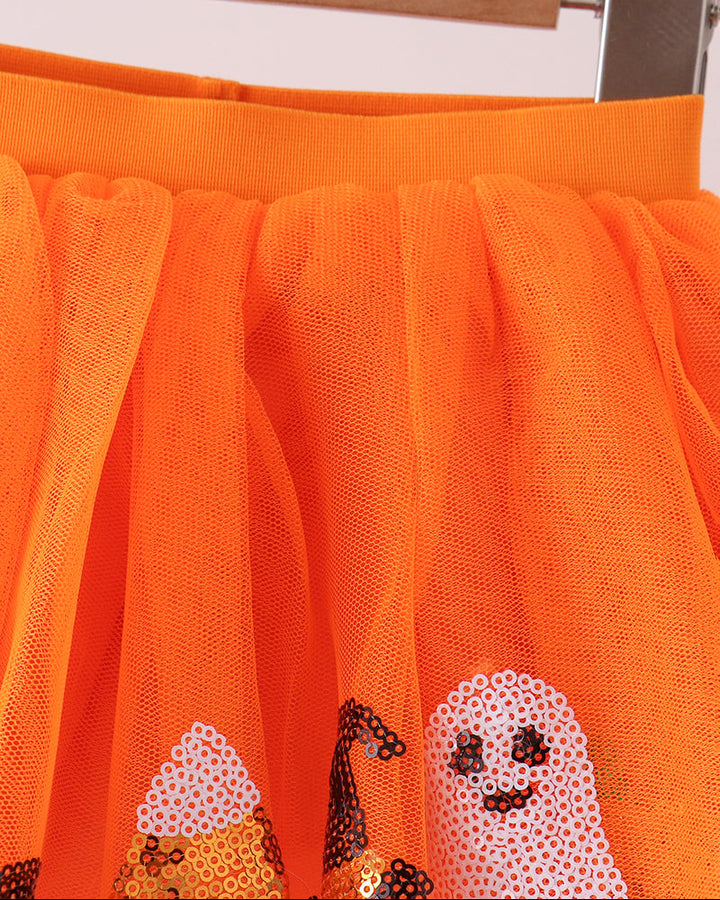 Orange tulle tutu skirt with ruffled tiers and sequin bat, ghost, and pumpkin accents
