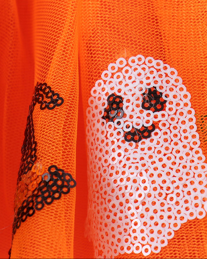 Orange tulle skirt with white sequin ghost face and black sequin bat motif
