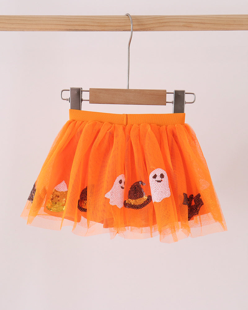 Orange Halloween tutu skirt with elastic waistband and sequin ghost, skull, and pumpkin accents