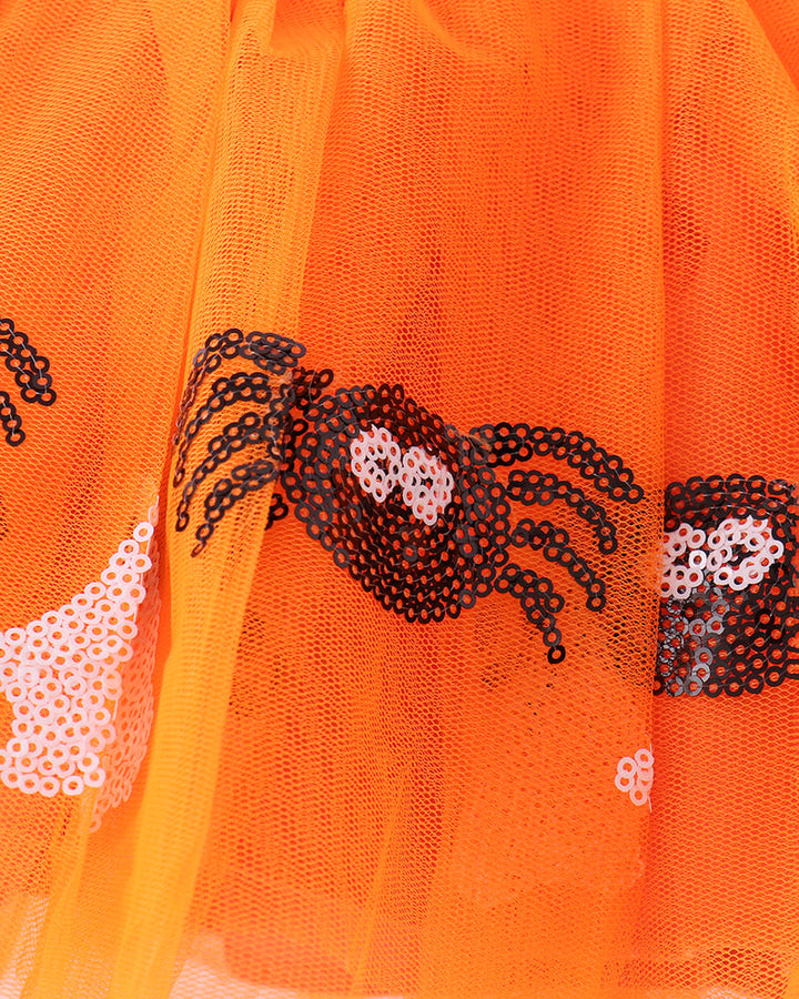 Orange tulle tutu with glittery spider sequin appliques in black and silver