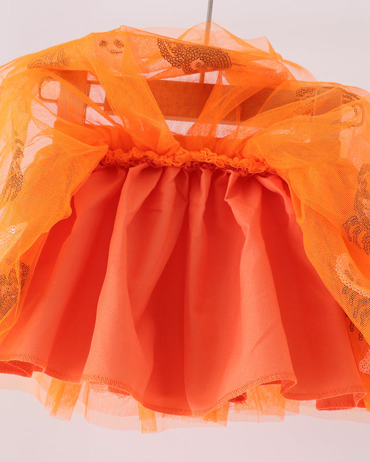 Orange tulle tutu skirt with ruched elastic waistband and layered flared tulle