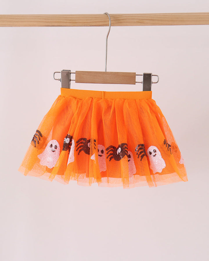 Orange spider sequin tulle tutu skirt with elastic waistband and flared layers