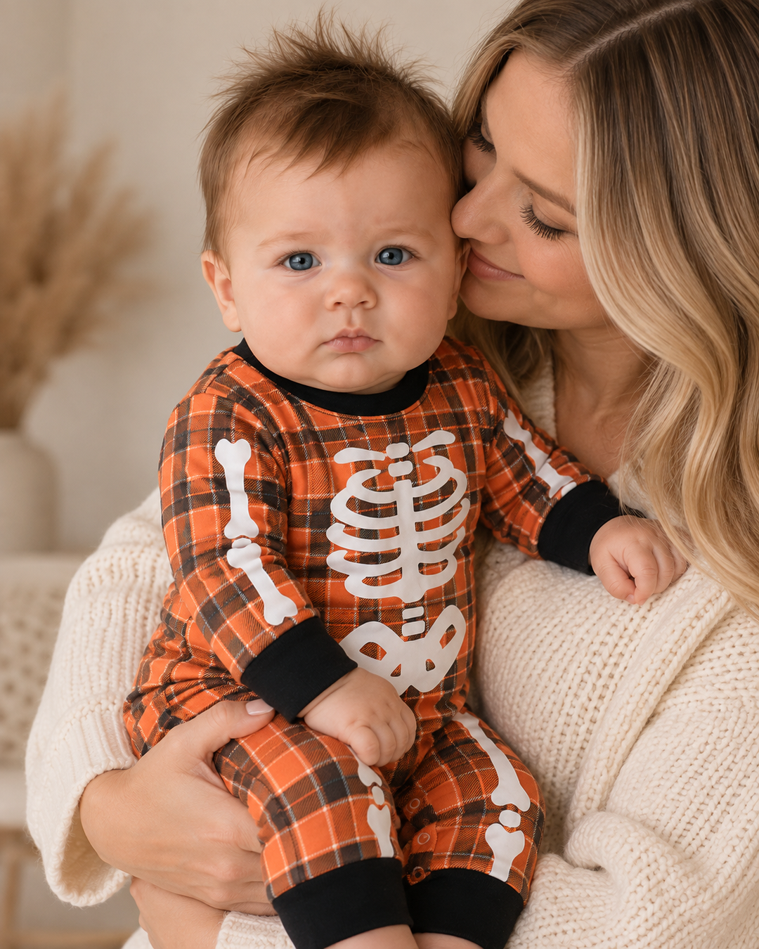 Orange plaid baby romper with white skeleton print, front buttons, black cuffs