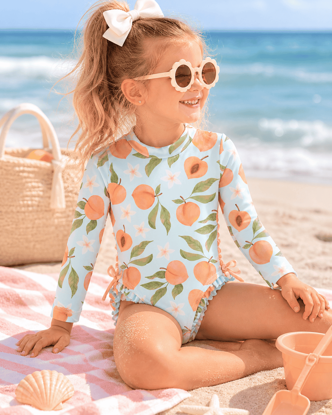 Girl in long sleeve swimsuit at beach
