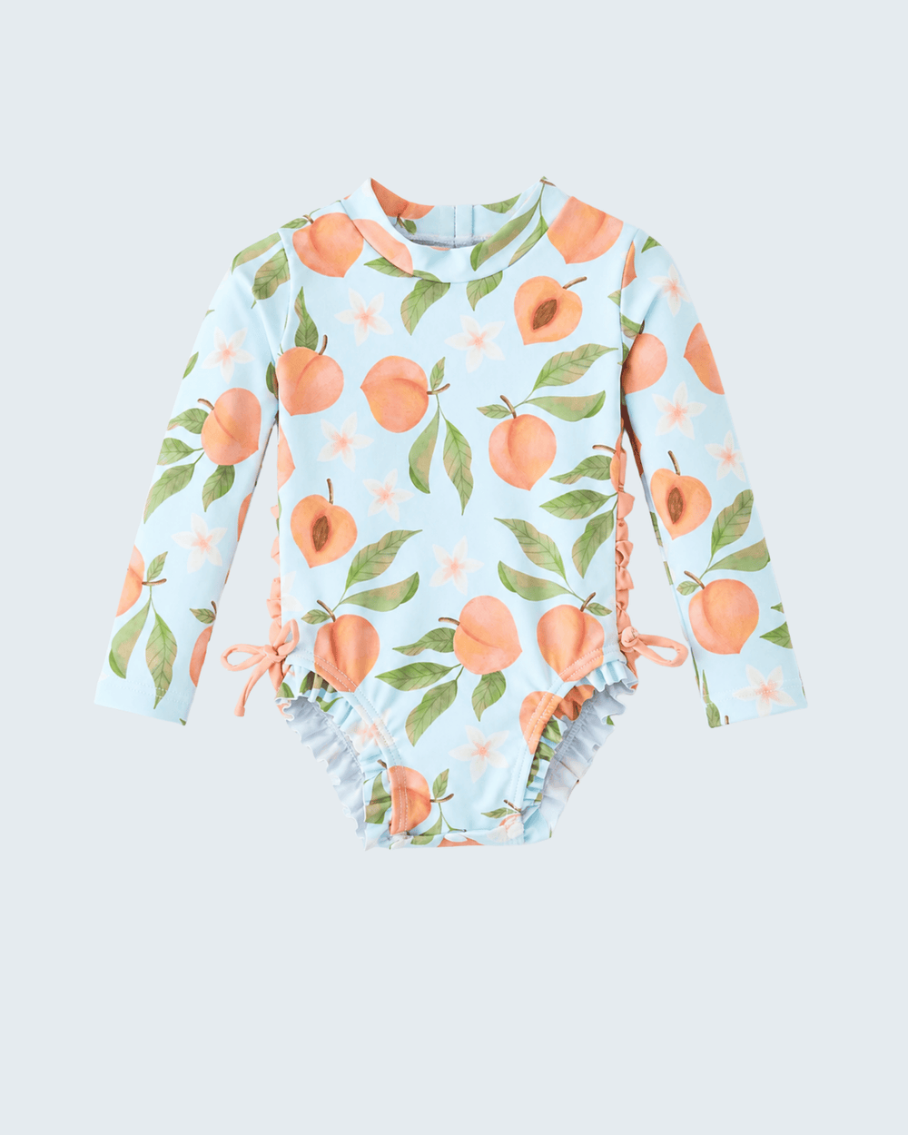 Swimsuit with peach pattern on a light blue background