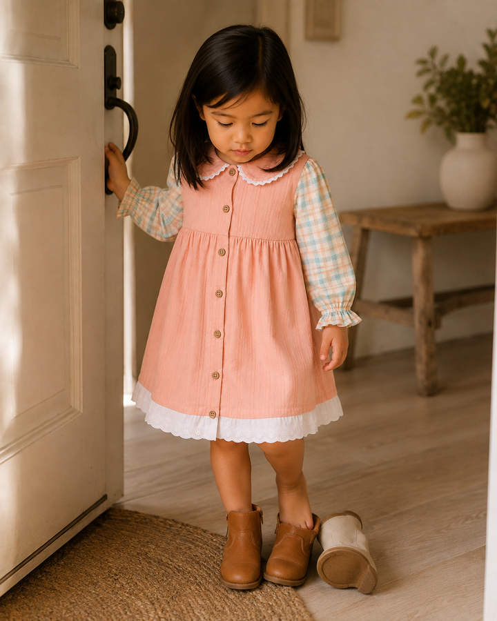 Child wearing peach dress with plaid sleeves, button front, Peter Pan collar, and lace hem