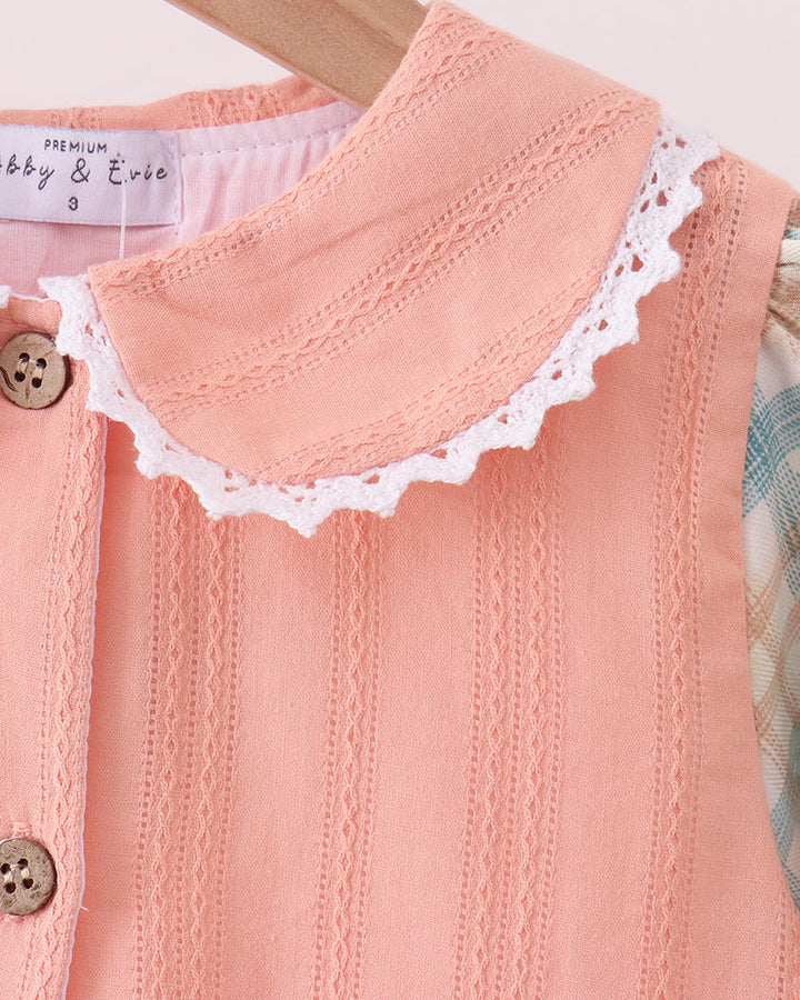Peter Pan collar with scalloped lace trim and peach pintuck bodice with buttons