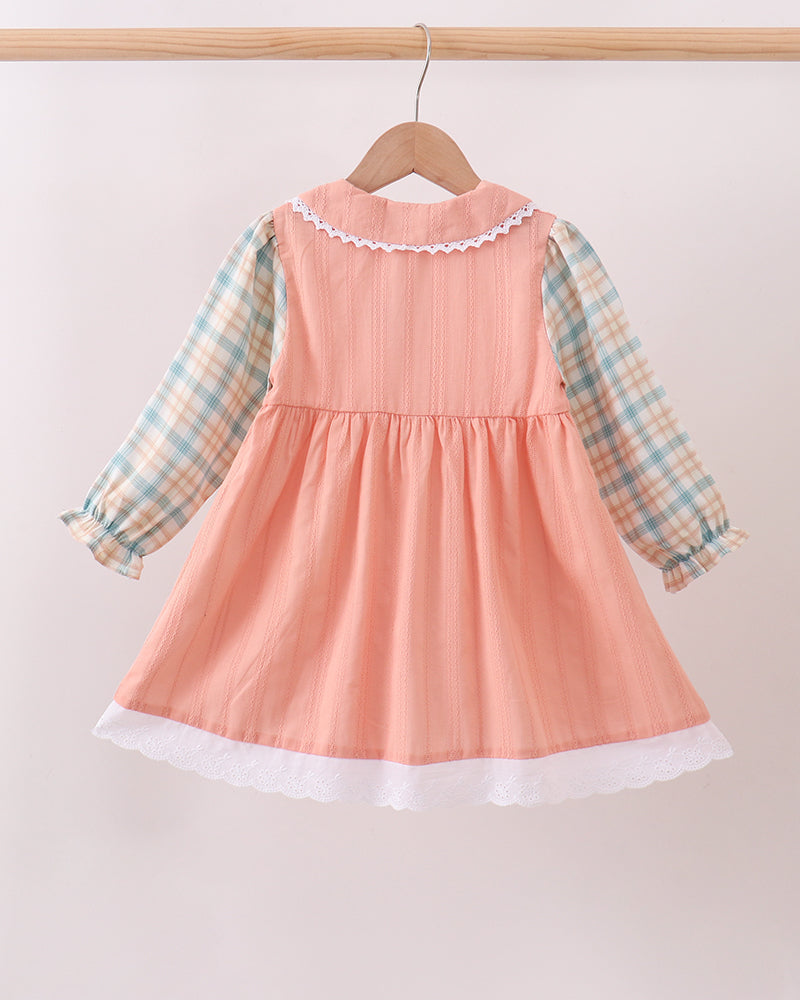 Peach plaid long-sleeve dress with Peter Pan collar, button front, and lace-trim hem
