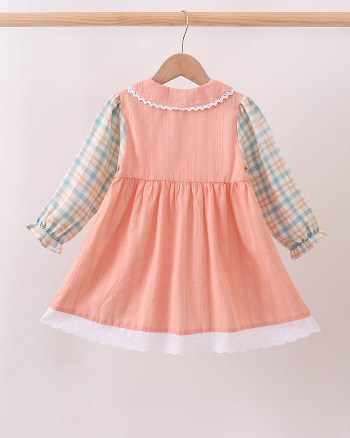 Peach plaid long-sleeve dress with Peter Pan collar, button front, and lace-trim hem
