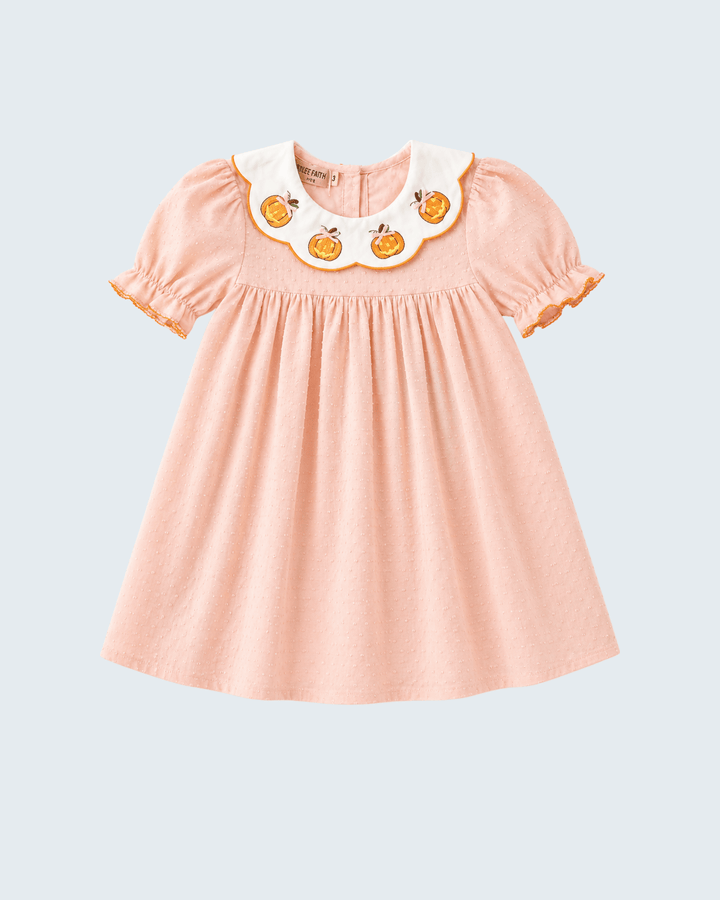 Peach puff-sleeve dress with pumpkin embroidery at scalloped collar