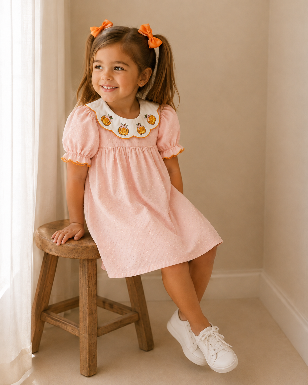 Peach puff-sleeve dress with pumpkin embroidery, worn by toddler