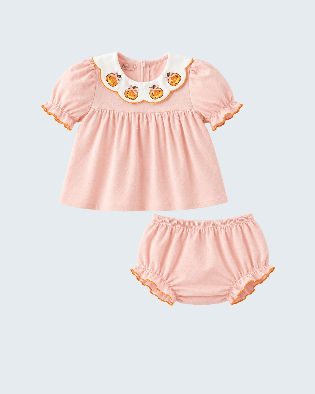 Peach embroidered pumpkin bloomer set: puff-sleeve dress with matching ruffled bloomers