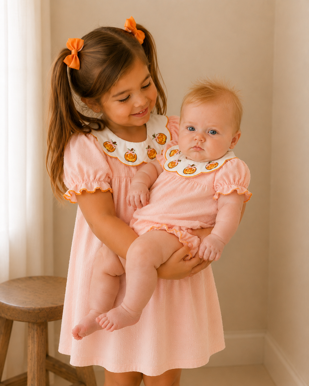 Peach pumpkin-embroidered dress with matching bloomers worn by two children