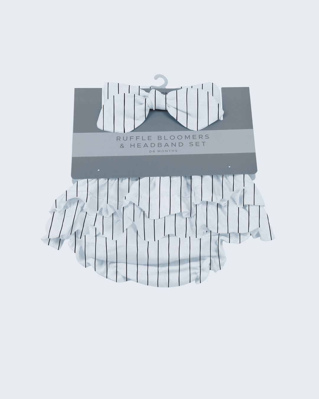 Pencil stripe ruffle bloomers set with matching headband, elastic waist and layered frills