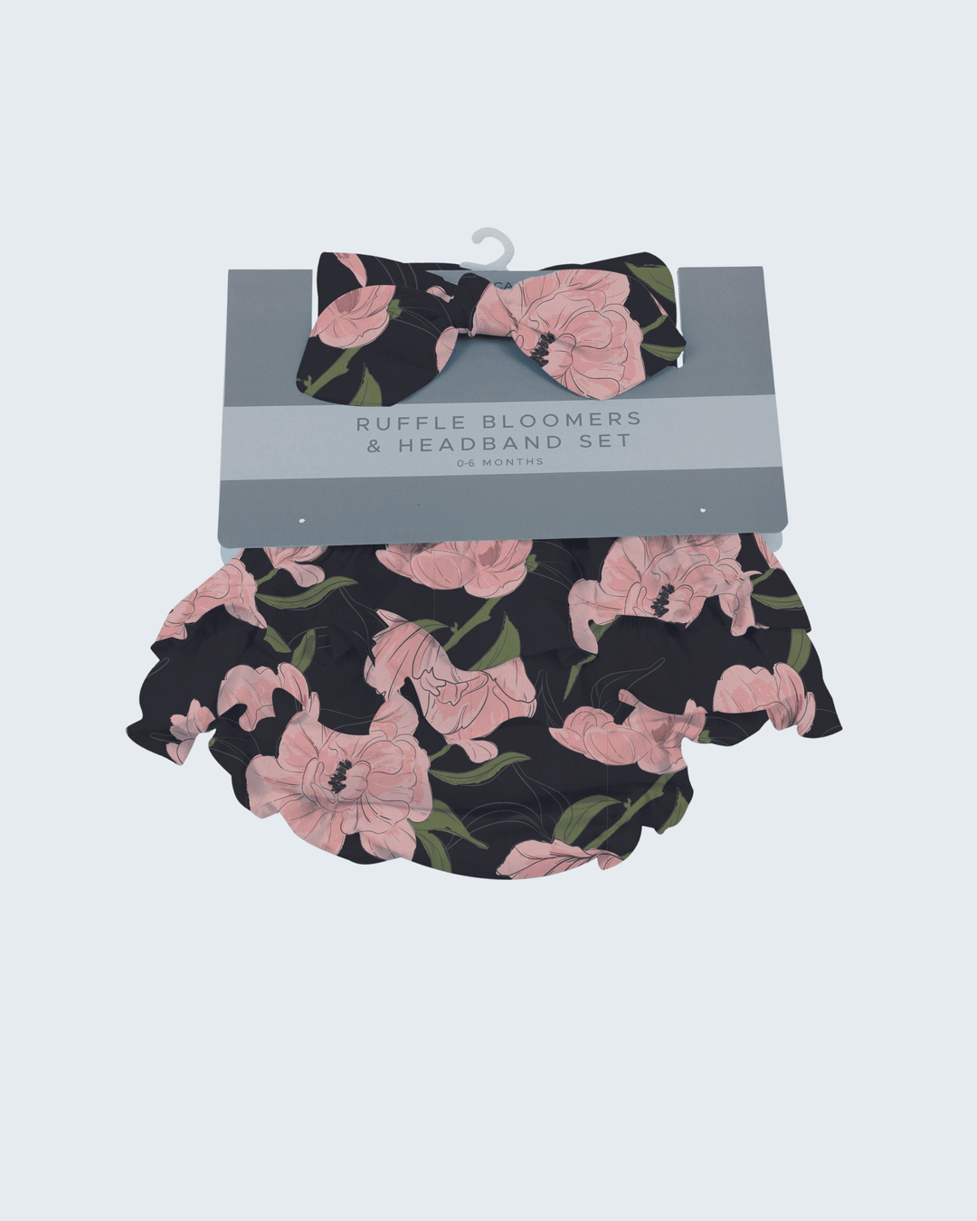 Ruffle floral bloomers with pink peony print and bow waist, dark base